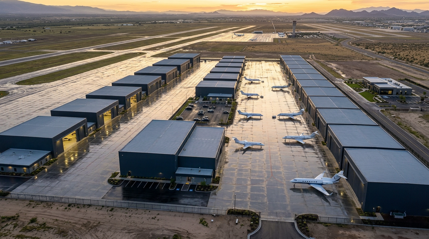 Aerial view of the SkyLofts campus at Phoenix Goodyear Airport