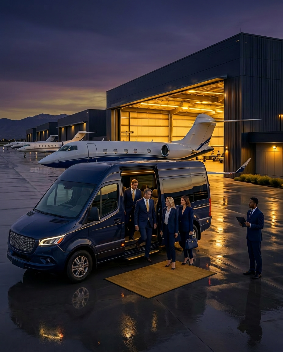 Arrival at SkyLofts — private shuttle and executive hangar